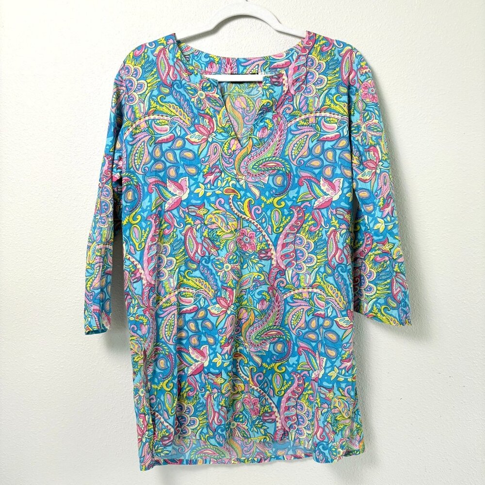 Kikisol Tunic Top Size S Pink Blue Paisley Print Split Hem 3/4 Sleeve Cotton